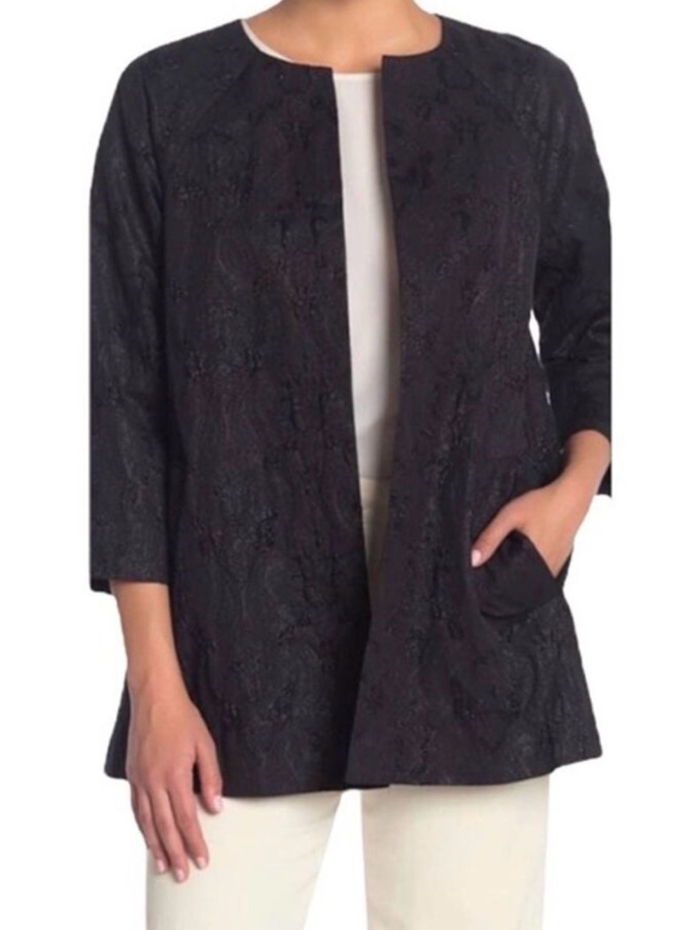 Eileen Fisher Metallic Jacquard Open Front Jacket Women’s M Black Lined Classic‎